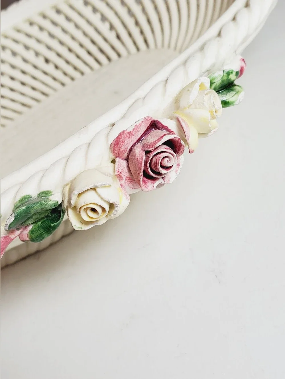 Vintage Italian Ceramic Floral Lattice Cottagecore Basket